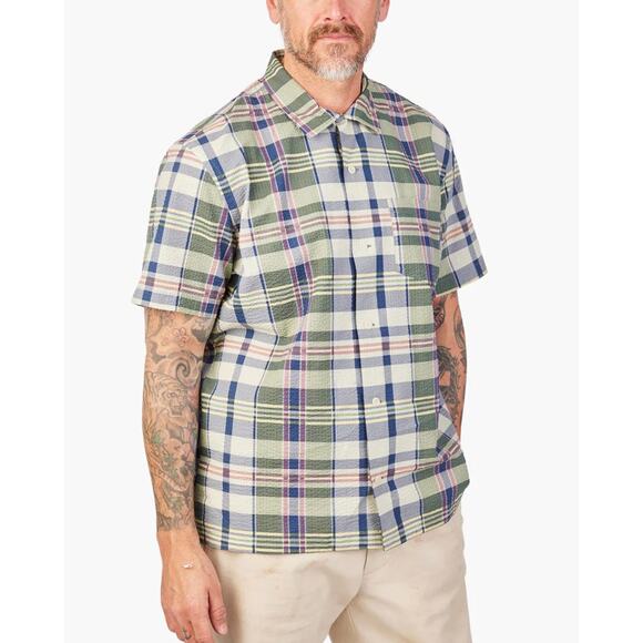 RRL Madras Print Seersucker Camp Shirt Small NEW Ralph Lauren Loop Collar Aloha